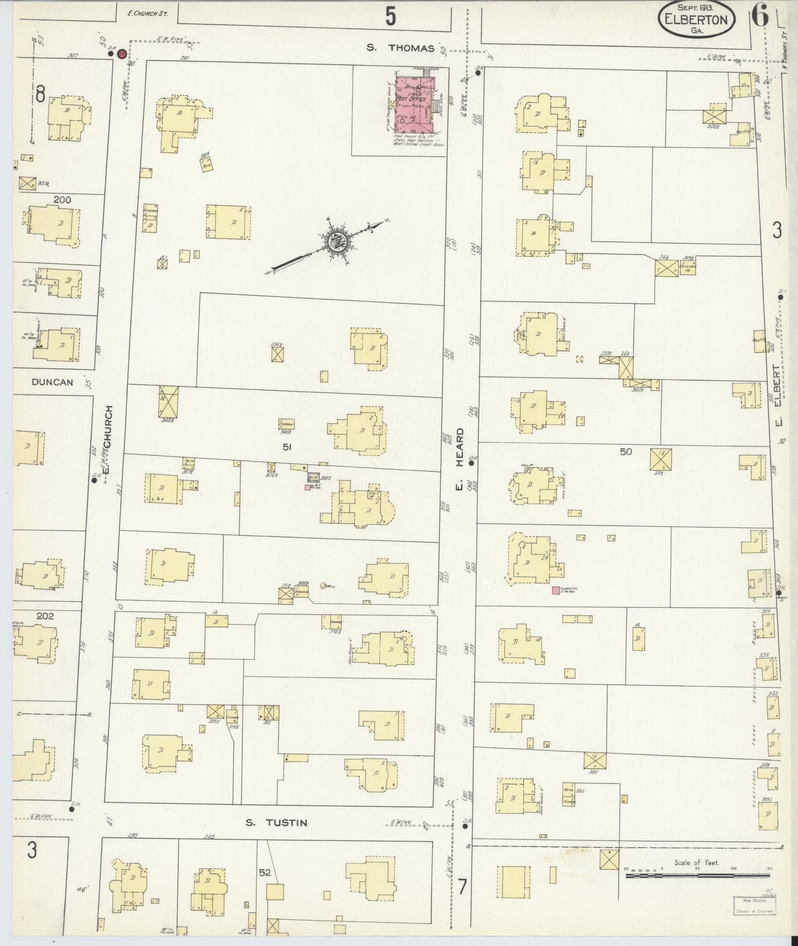 Sanborn Fire Insurance Map from Elberton, Elbert County, Georgia (1913), Sheet #0006 - Historic Sanborn Fire Insurance Map Print, vintage old map wall art, antique decor, genealogy gift, Georgia Georgia map