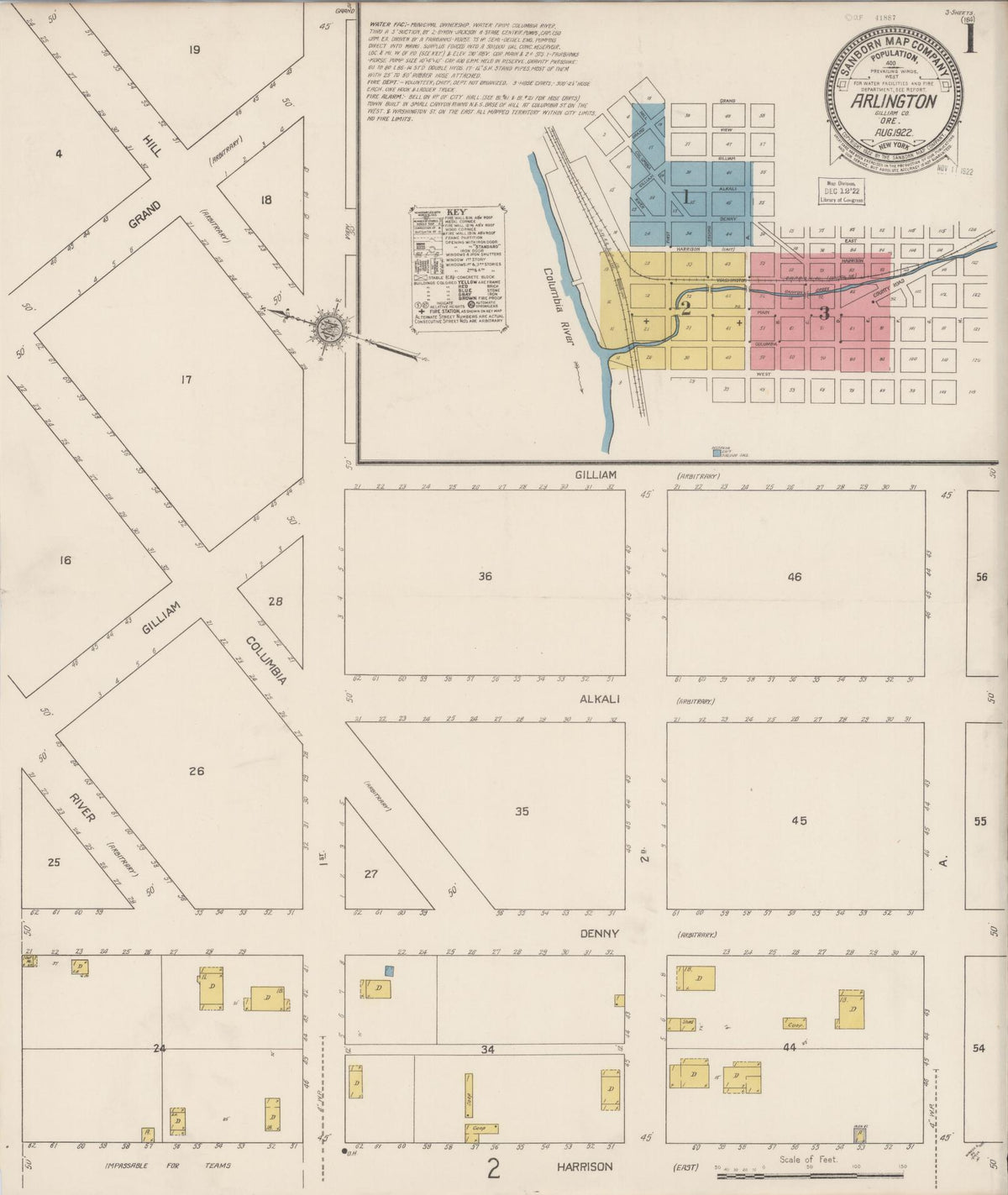 Sanborn Fire Insurance Map from Arlington, Gilliam County, Oregon (1922), Sheet #0001 - Historic Sanborn Fire Insurance Map Print, vintage old map wall art, antique decor, genealogy gift, Oregon Oregon map