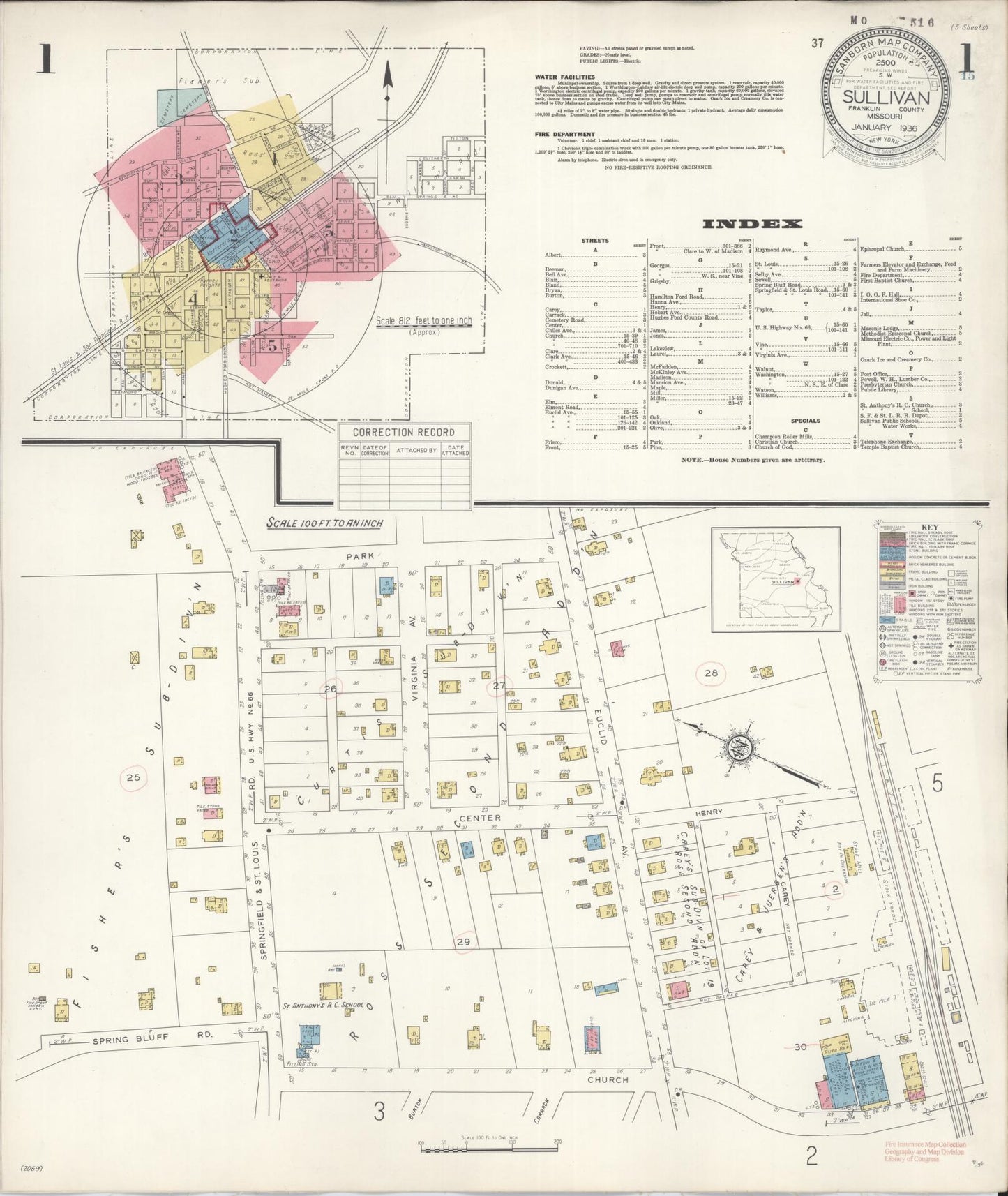 Sanborn Fire Insurance Map from Sullivan, Franklin County, Missouri (1936), Sheet #0001 - Complete Map Set gallery image, historic Sanborn map, vintage wall art, Missouri Missouri