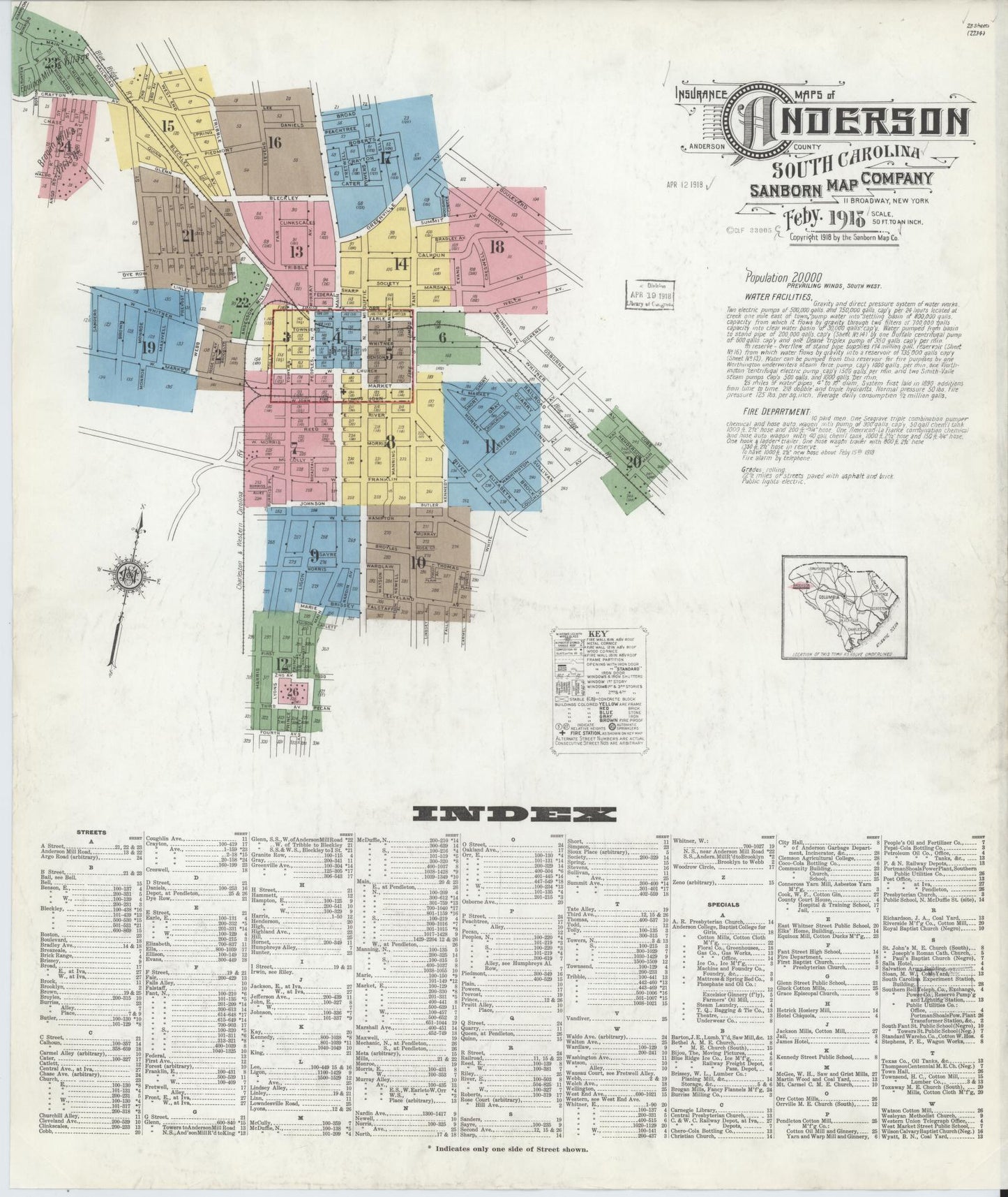 Sanborn Fire Insurance Map from Anderson, Anderson County, South Carolina (1918), Sheet #0001 - Complete Map Set gallery image, historic Sanborn map, vintage wall art, South Carolina South Carolina