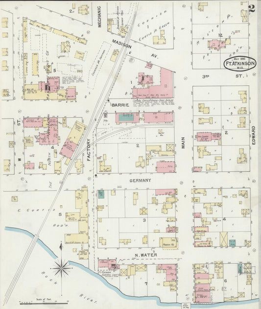 Sanborn Fire Insurance Map from Fort Atkinson, Jefferson County, Wisconsin (1892), Sheet #0002 - Historic Sanborn Fire Insurance Map Print, vintage old map wall art, antique decor, genealogy gift, Wisconsin Wisconsin map