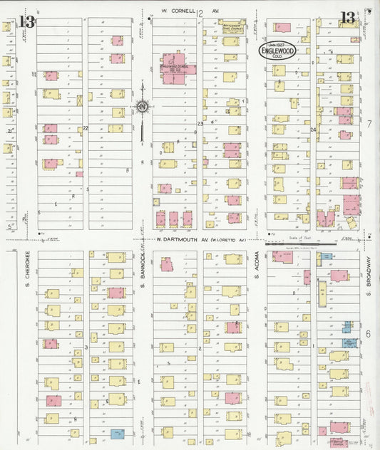 Sanborn Fire Insurance Map from Englewood, Arapahoe County, Colorado (1927), Sheet #0013 - Historic Sanborn Fire Insurance Map Print, vintage old map wall art, antique decor, genealogy gift, Colorado Colorado map