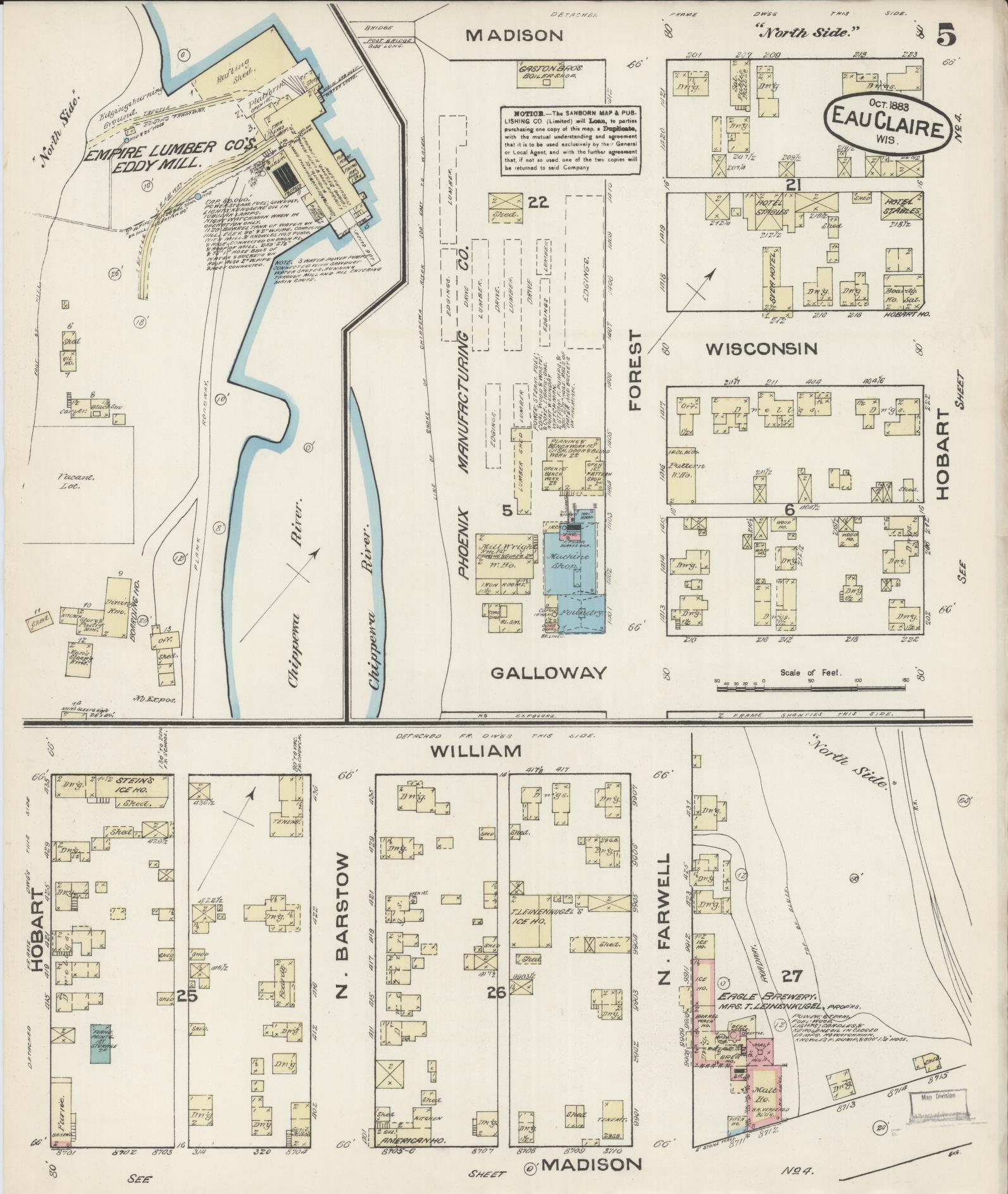 Sanborn Fire Insurance Map from Eau Claire, Eau Claire County, Wisconsin (1883), Sheet #0005 - Historic Sanborn Fire Insurance Map Print, vintage old map wall art, antique decor, genealogy gift, Wisconsin Wisconsin map