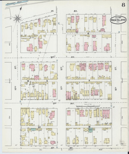 Sanborn Fire Insurance Map from Rock Island, Rock Island County, Illinois (1892), Sheet #0008 - Historic Sanborn Fire Insurance Map Print, vintage old map wall art, antique decor, genealogy gift, Illinois Illinois map