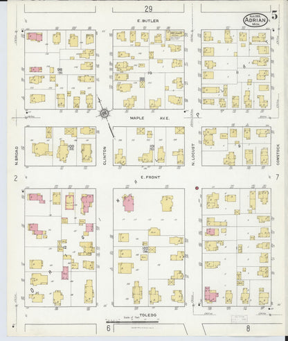 Sanborn Fire Insurance Map from Adrian, Lenawee County, Michigan (1916), Sheet #0005 - Historic Sanborn Fire Insurance Map Print, vintage old map wall art, antique decor, genealogy gift, Michigan Michigan map