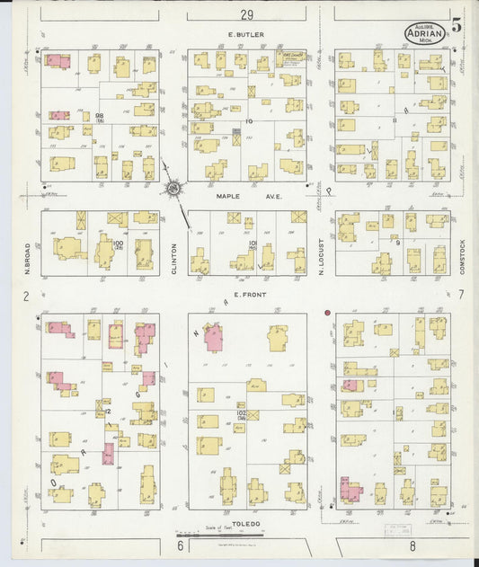 Sanborn Fire Insurance Map from Adrian, Lenawee County, Michigan (1916), Sheet #0005 - Historic Sanborn Fire Insurance Map Print, vintage old map wall art, antique decor, genealogy gift, Michigan Michigan map