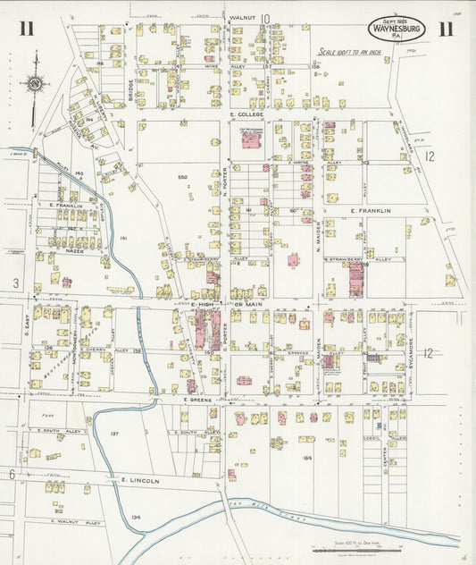 Sanborn Fire Insurance Map from Waynesburg, Greene County, Pennsylvania (1925), Sheet #0011 - Historic Sanborn Fire Insurance Map Print, vintage old map wall art, antique decor, genealogy gift, Pennsylvania Pennsylvania map