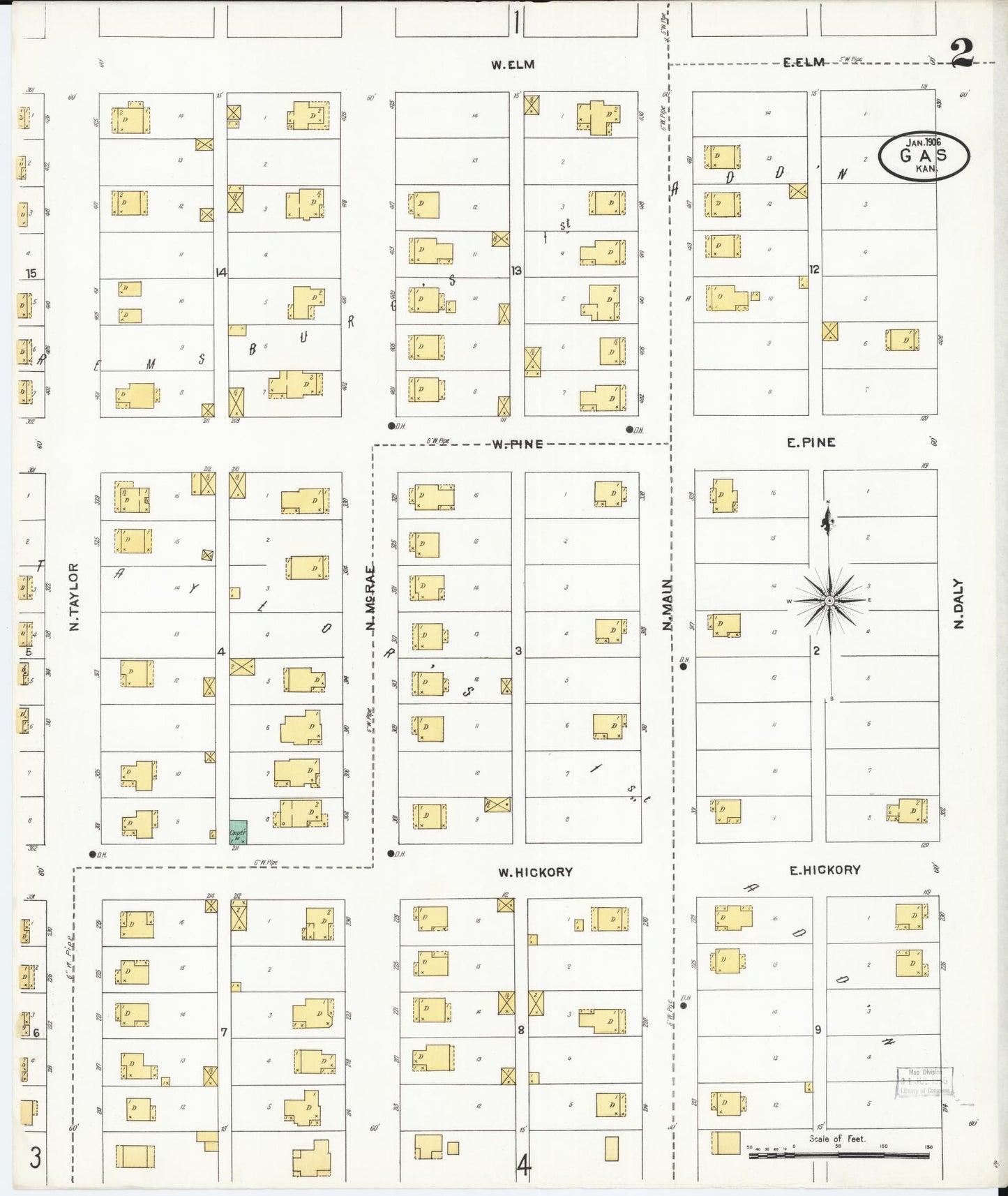 Sanborn Fire Insurance Map from Gas, Allen County, Kansas (1906), Sheet #0002 - Complete Map Set gallery image, historic Sanborn map, vintage wall art, Kansas Kansas