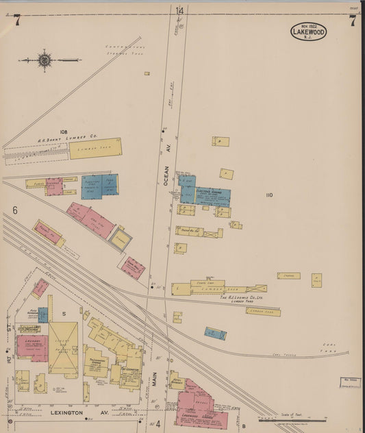 Sanborn Fire Insurance Map from Lakewood, Ocean County, New Jersey (1922), Sheet #0007 - Historic Sanborn Fire Insurance Map Print, vintage old map wall art, antique decor, genealogy gift, New Jersey New Jersey map