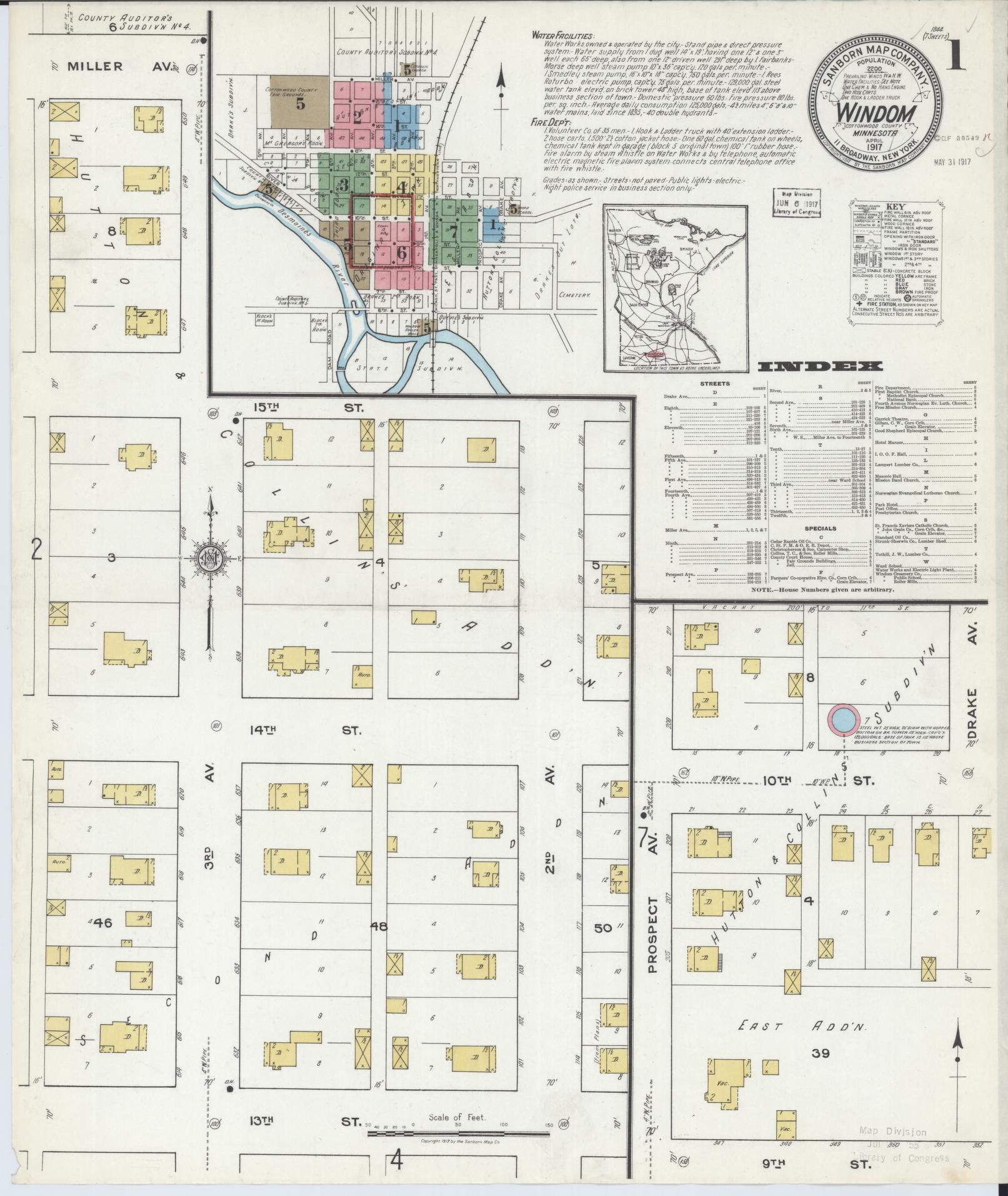 Sanborn Fire Insurance Map from Windom, Cottonwood County, Minnesota (1917), Sheet #0001 - Historic Sanborn Fire Insurance Map Print, vintage old map wall art, antique decor, genealogy gift, Minnesota Minnesota map