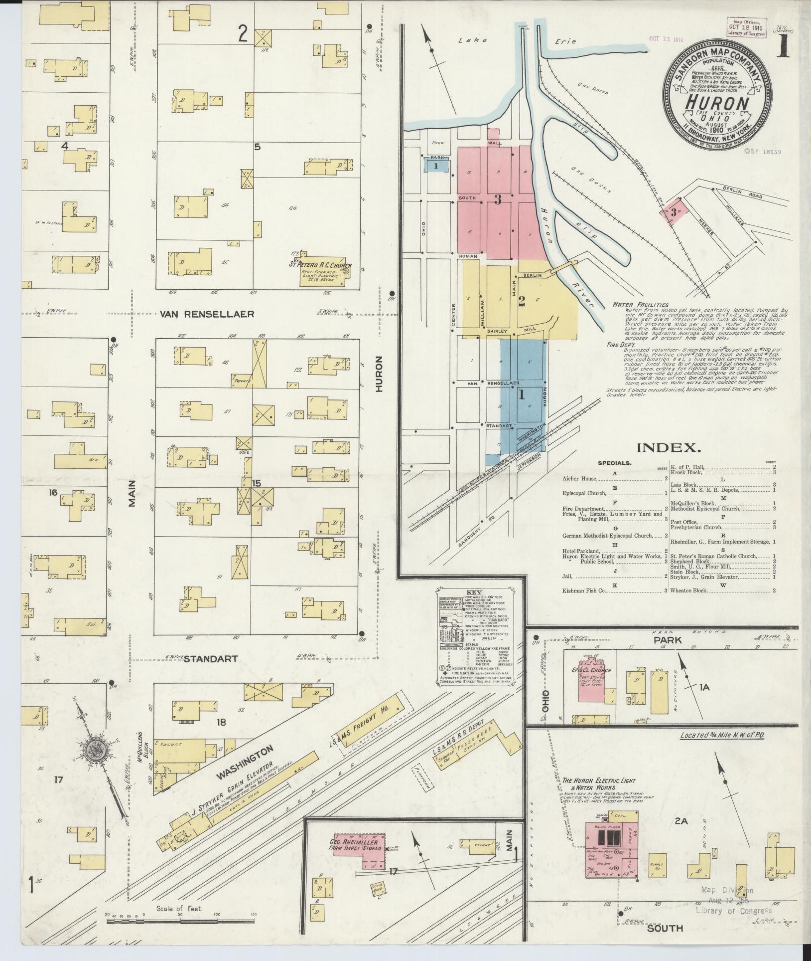 Sanborn Fire Insurance Map from Huron, Erie County, Ohio (1910), Sheet #0001 - Historic Sanborn Fire Insurance Map Print, vintage old map wall art, antique decor, genealogy gift, Ohio Ohio map