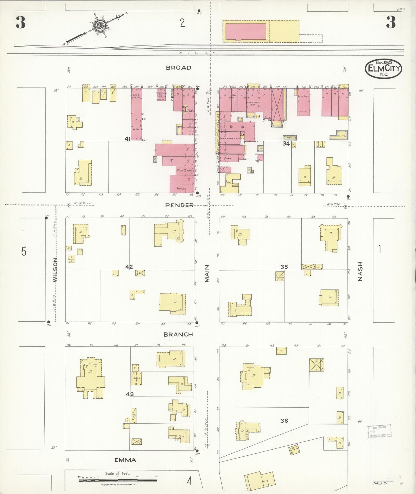 Sanborn Fire Insurance Map from Elm City, Wilson County, North Carolina (1923), Sheet #0003 - Complete Map Set gallery image, historic Sanborn map, vintage wall art, North Carolina North Carolina