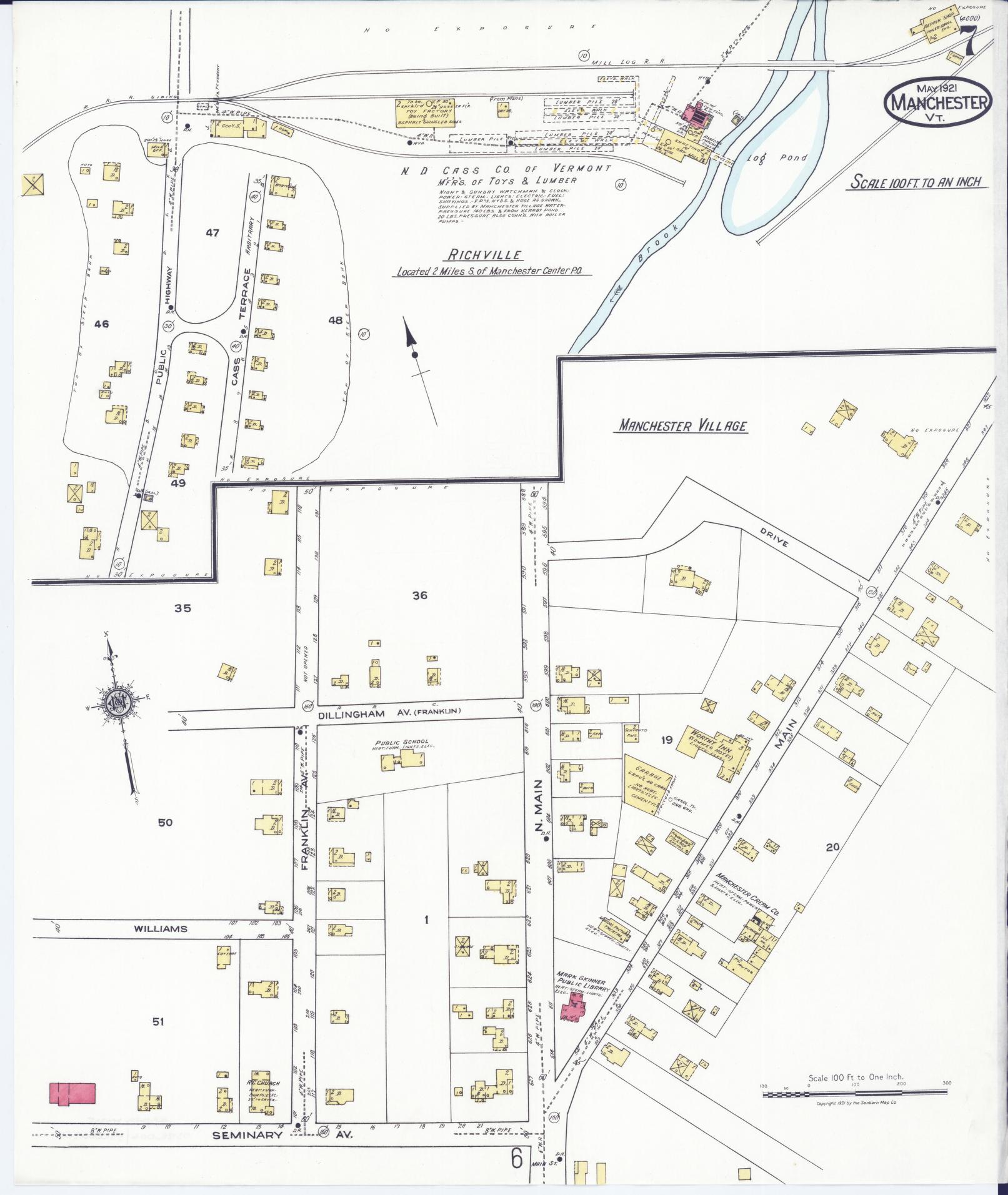 Sanborn Fire Insurance Map from Manchester, Bennington County, Vermont (1921), Sheet #0007 - Complete Map Set gallery image, historic Sanborn map, vintage wall art, Vermont Vermont