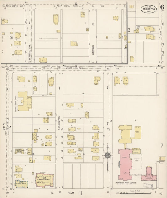 Sanborn Fire Insurance Map from Monrovia, Los Angeles County, California (1913), Sheet #0006 - Historic Sanborn Fire Insurance Map Print, vintage old map wall art, antique decor, genealogy gift, California California map