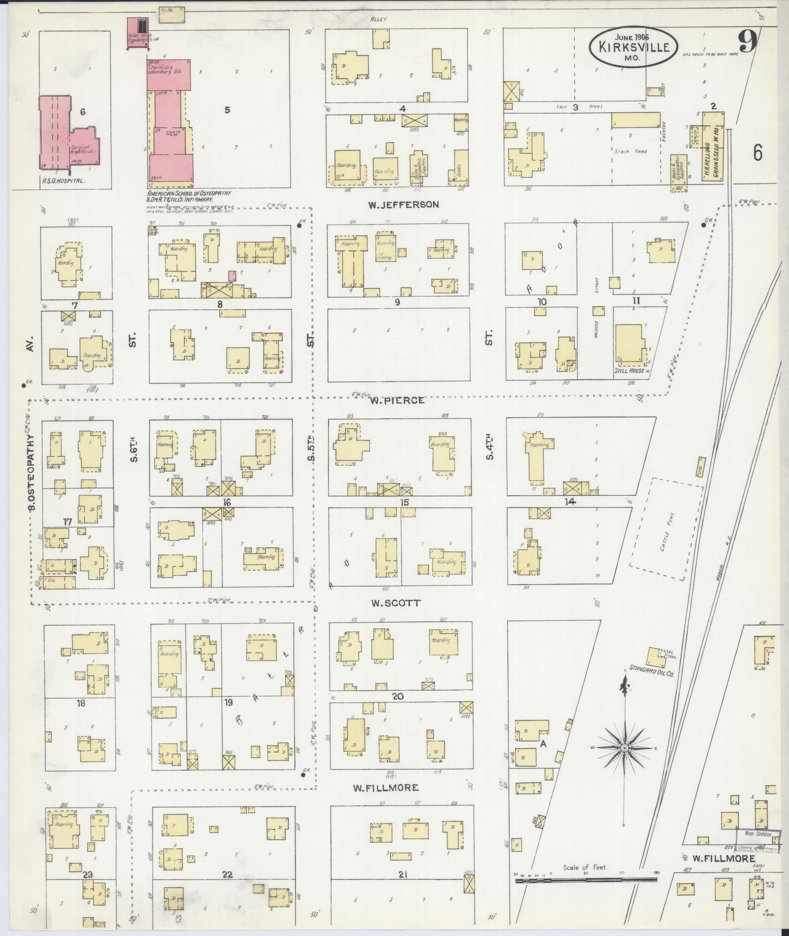 Sanborn Fire Insurance Map from Kirksville, Adair County, Missouri (1906), Sheet #0009 - Historic Sanborn Fire Insurance Map Print, vintage old map wall art, antique decor, genealogy gift, Missouri Missouri map