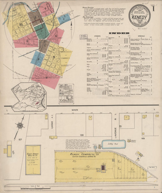Sanborn Fire Insurance Map from Kenedy, Karnes County, Texas (1922), Sheet #0001 - Complete Map Set gallery image, historic Sanborn map, vintage wall art, Texas Texas