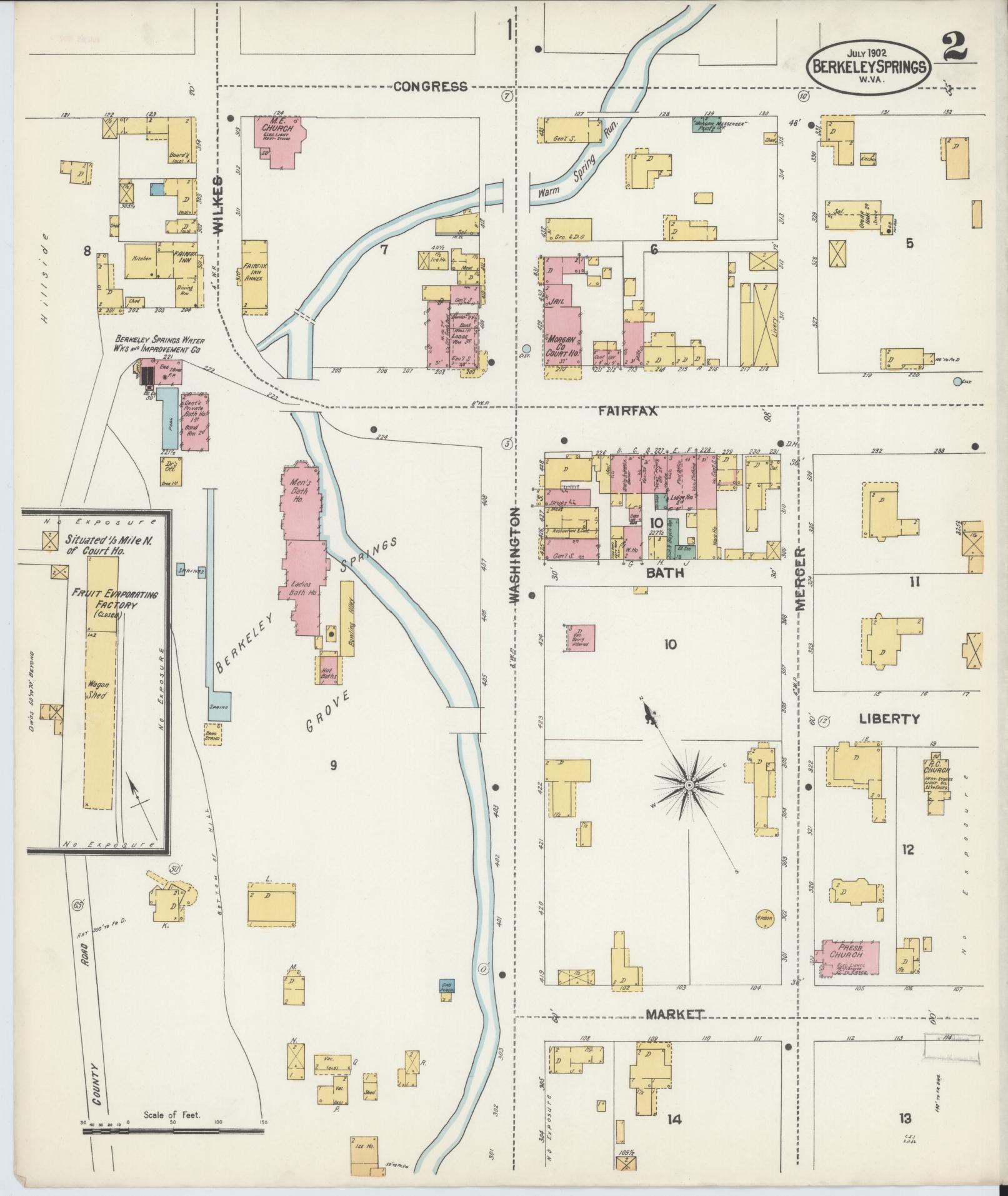 Sanborn Fire Insurance Map from Berkeley Springs, Morgan County, West Virginia (1902), Sheet #0002 - Historic Sanborn Fire Insurance Map Print, vintage old map wall art, antique decor, genealogy gift, West Virginia West Virginia map