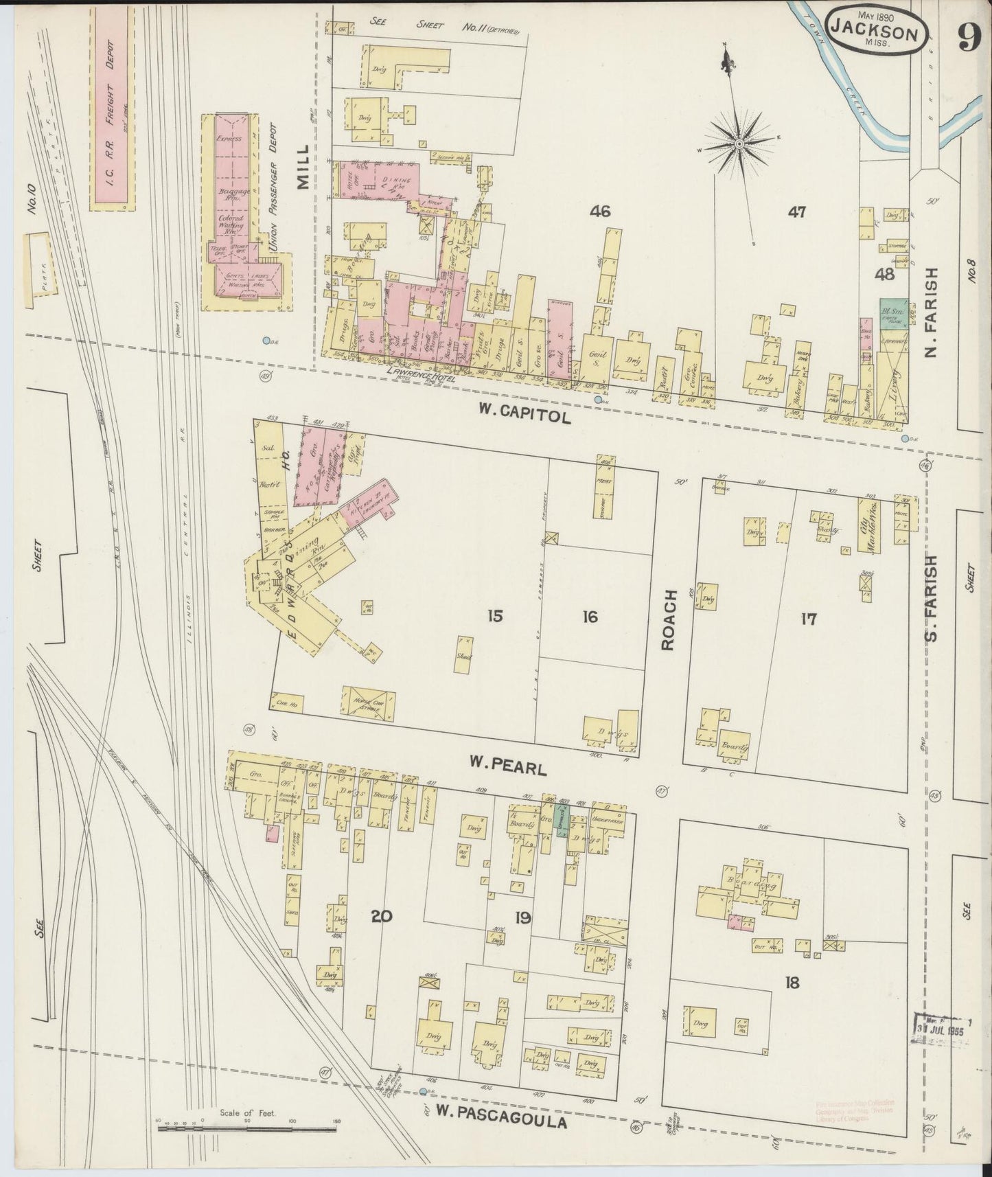 Sanborn Fire Insurance Map from Jackson, Hinds County, Mississippi (1890), Sheet #0009 - Complete Map Set gallery image, historic Sanborn map, vintage wall art, Mississippi Mississippi