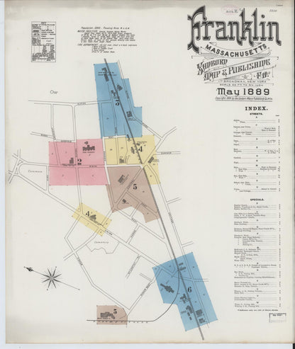 Sanborn Fire Insurance Map from Franklin, Norfolk County, Massachusetts (1889), Sheet #0001 - Historic Sanborn Fire Insurance Map Print, vintage old map wall art, antique decor, genealogy gift, Massachusetts Massachusetts map