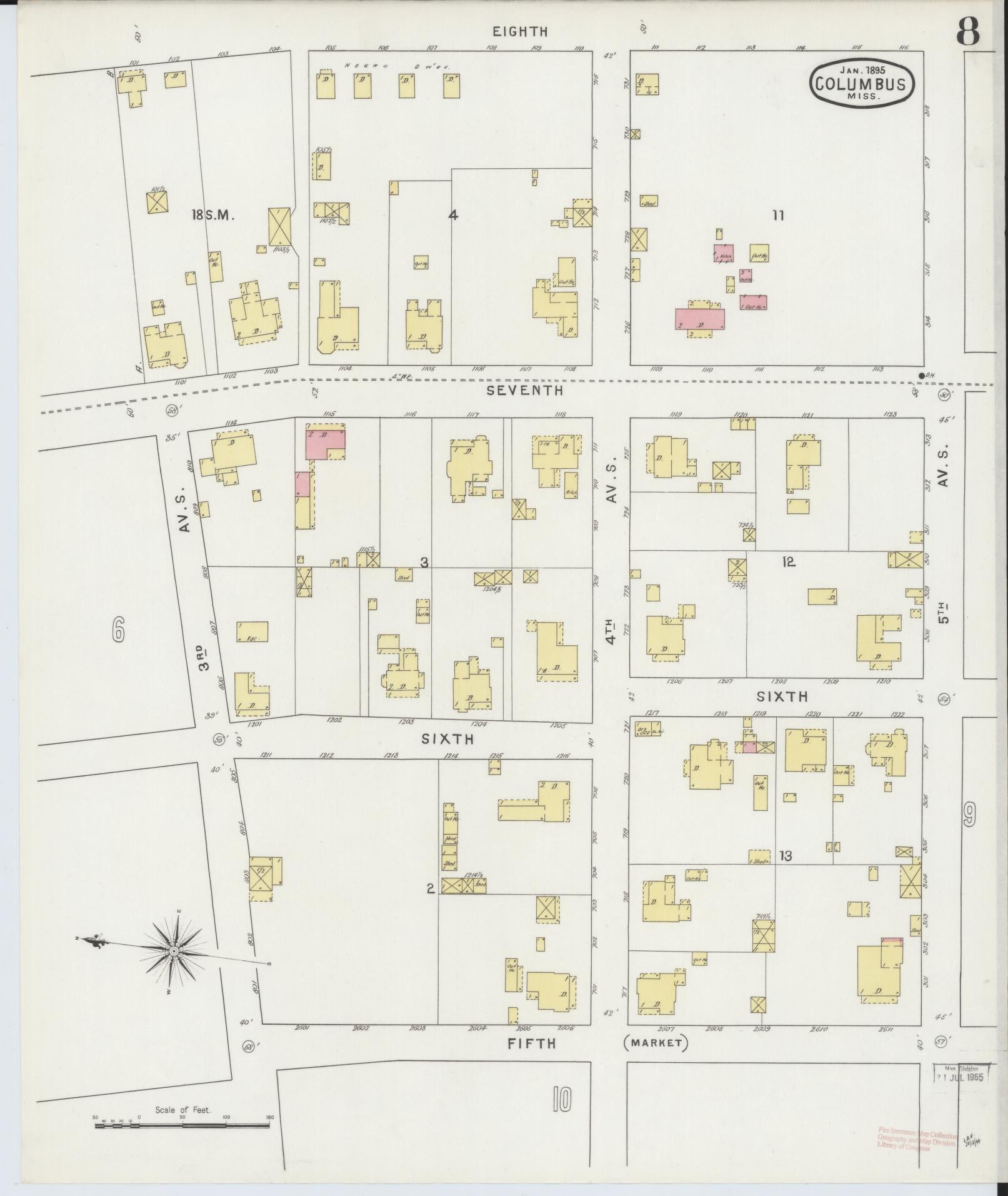 Sanborn Fire Insurance Map from Columbus, Lowndes County, Mississippi (1895), Sheet #0008 - Complete Map Set gallery image, historic Sanborn map, vintage wall art, Mississippi Mississippi
