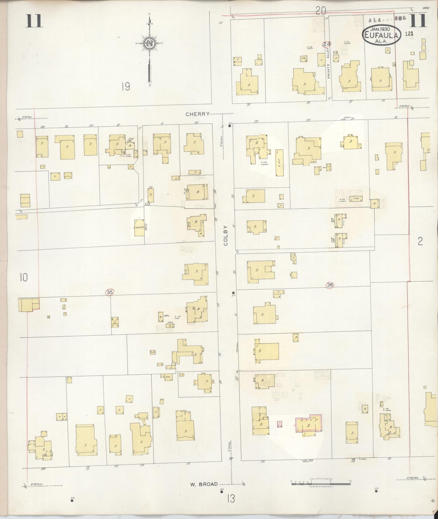 Sanborn Fire Insurance Map from Eufaula, Barbour County, Alabama (1950), Sheet #0011 - Complete Map Set gallery image, historic Sanborn map, vintage wall art, Alabama Alabama