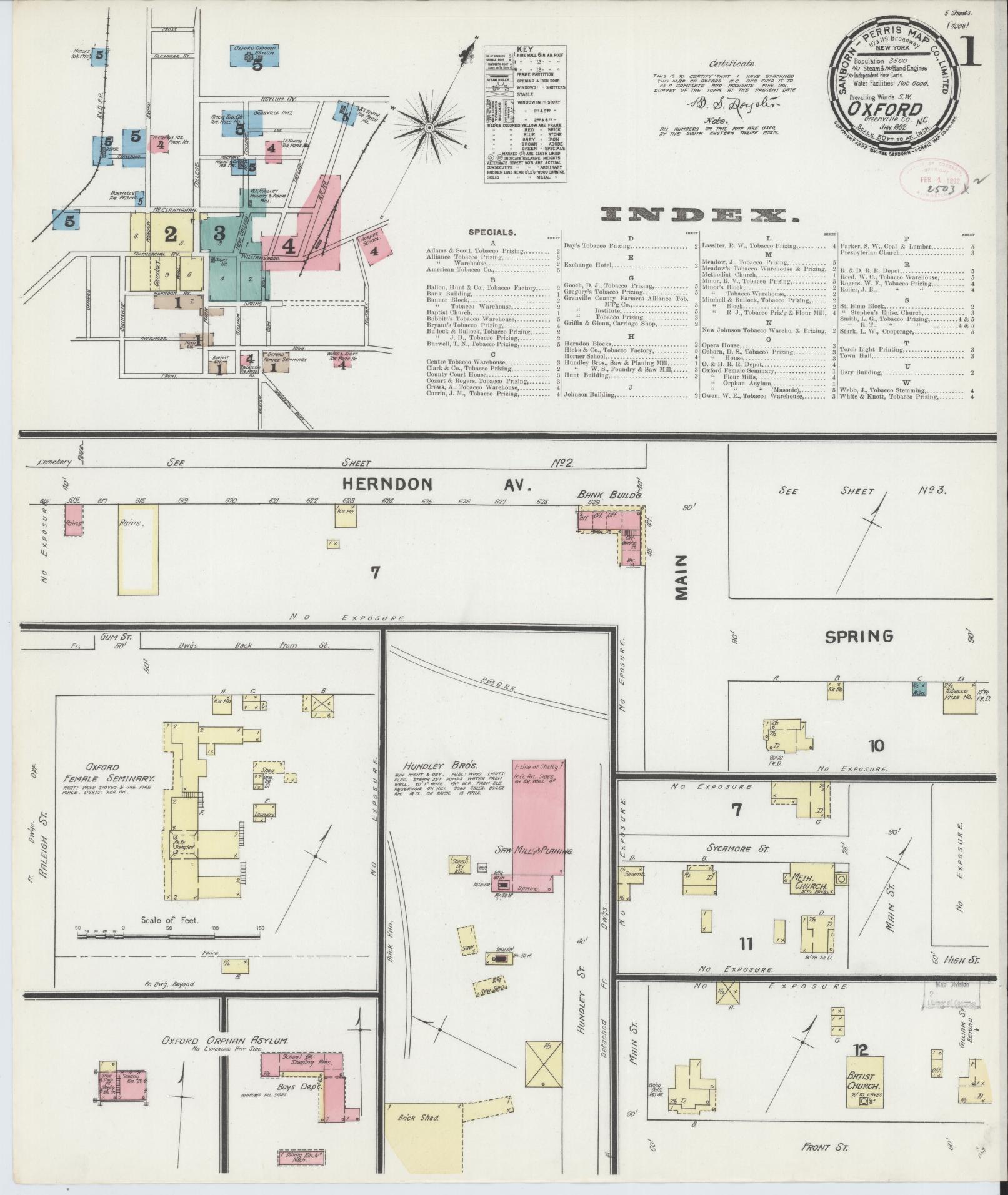 Sanborn Fire Insurance Map from Oxford, Granville County, North Carolina (1892), Sheet #0001 - Complete Map Set gallery image, historic Sanborn map, vintage wall art, North Carolina North Carolina