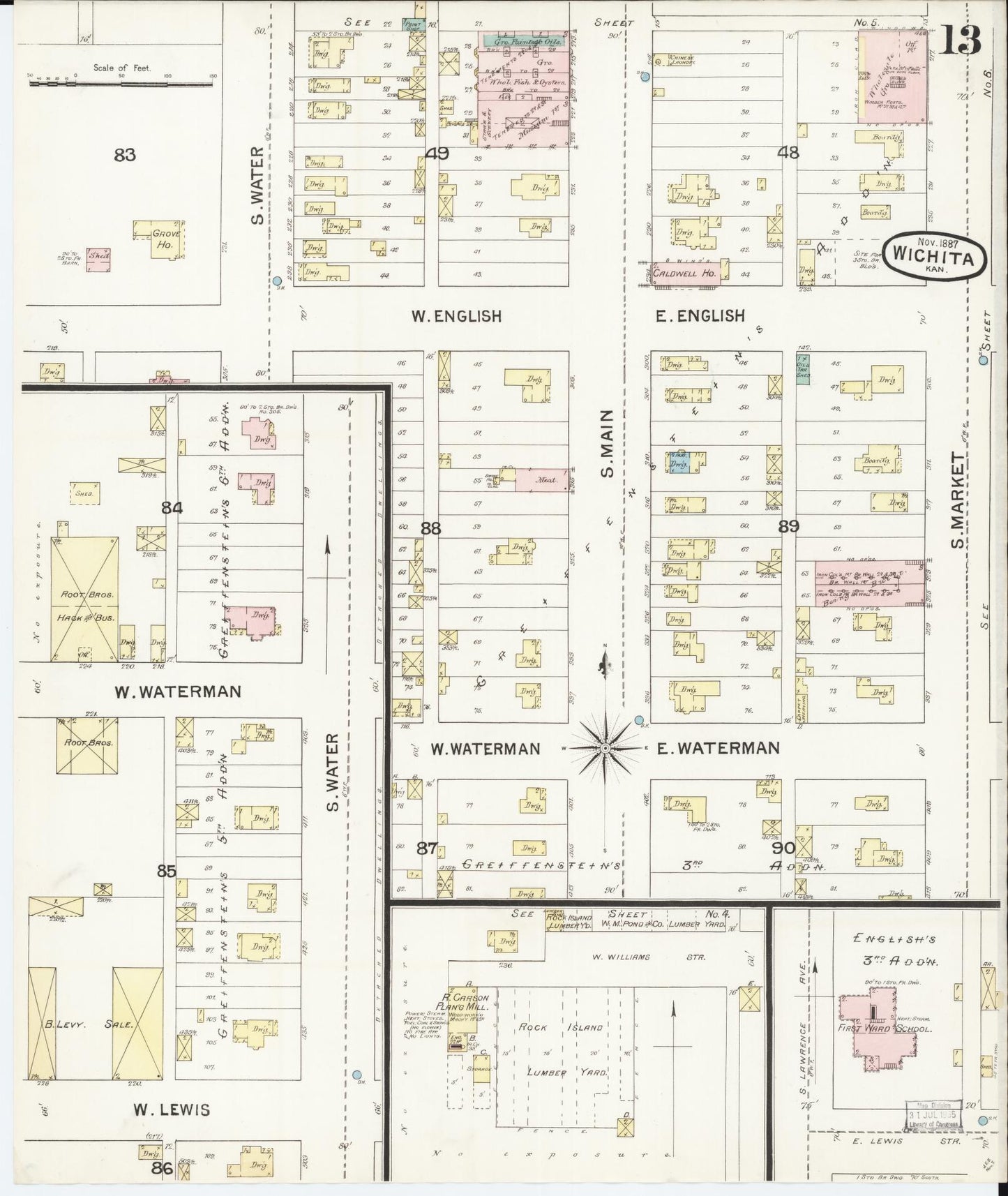 Sanborn Fire Insurance Map from Wichita, Sedgwick County, Kansas (1887), Sheet #0013 - Complete Map Set gallery image, historic Sanborn map, vintage wall art, Kansas Kansas