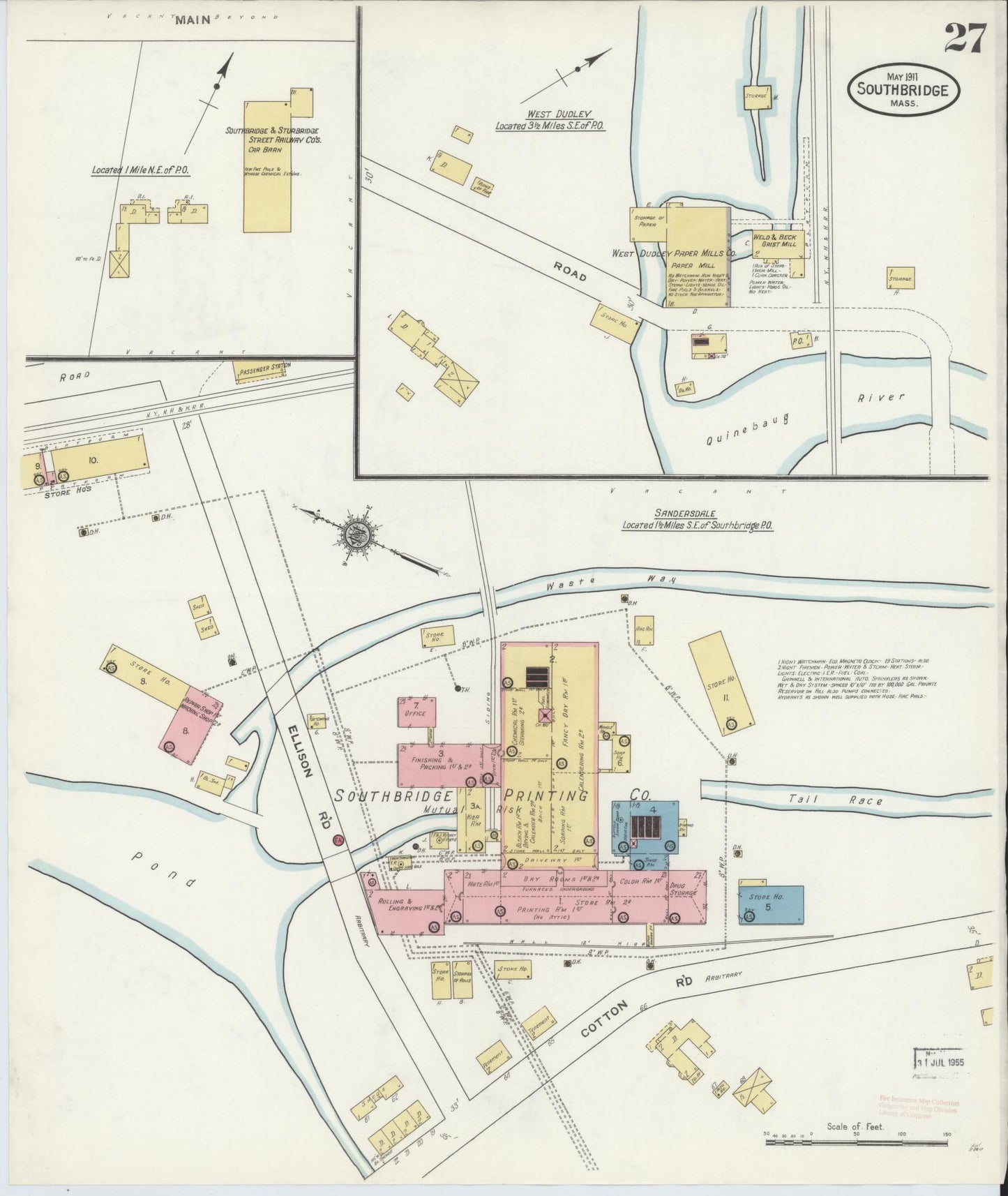 Sanborn Fire Insurance Map from Southbridge, Worcester County, Massachusetts (1911), Sheet #0027 - Historic Sanborn Fire Insurance Map Print, vintage old map wall art, antique decor, genealogy gift, Massachusetts Massachusetts map