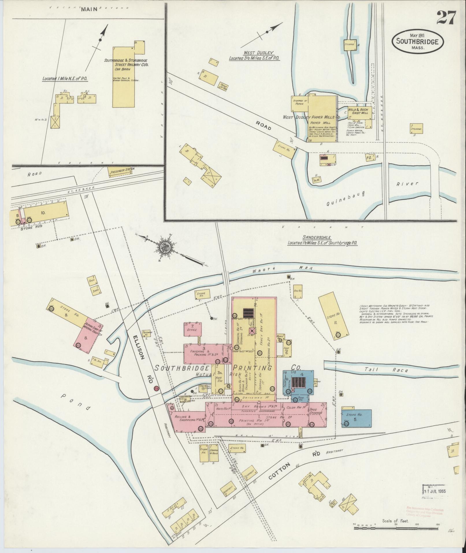 Sanborn Fire Insurance Map from Southbridge, Worcester County, Massachusetts (1911), Sheet #0027 - Historic Sanborn Fire Insurance Map Print, vintage old map wall art, antique decor, genealogy gift, Massachusetts Massachusetts map