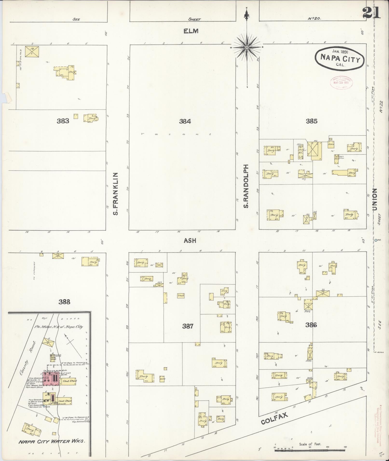 Sanborn Fire Insurance Map from Napa, Napa County, California (1891), Sheet #0021 - Historic Sanborn Fire Insurance Map Print, vintage old map wall art, antique decor, genealogy gift, California California map