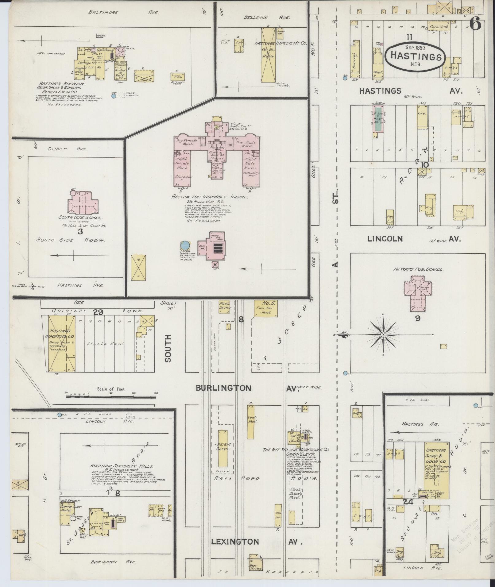 Sanborn Fire Insurance Map from Hastings, Adams County, Nebraska (1889), Sheet #0006 - Historic Sanborn Fire Insurance Map Print, vintage old map wall art, antique decor, genealogy gift, Nebraska Nebraska map