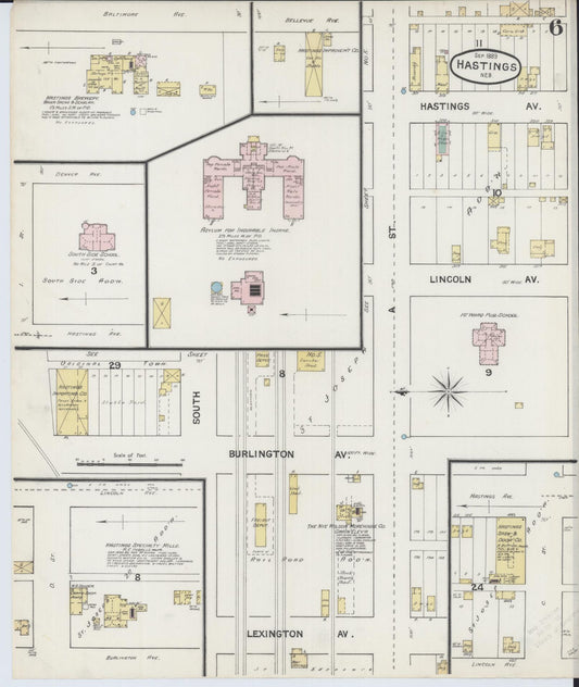 Sanborn Fire Insurance Map from Hastings, Adams County, Nebraska (1889), Sheet #0006 - Historic Sanborn Fire Insurance Map Print, vintage old map wall art, antique decor, genealogy gift, Nebraska Nebraska map
