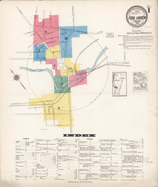 Sanborn Fire Insurance Map from Fair Haven, Rutland County, Vermont (1922), Sheet #0001 - Historic Sanborn Fire Insurance Map Print, vintage old map wall art, antique decor, genealogy gift, Vermont Vermont map