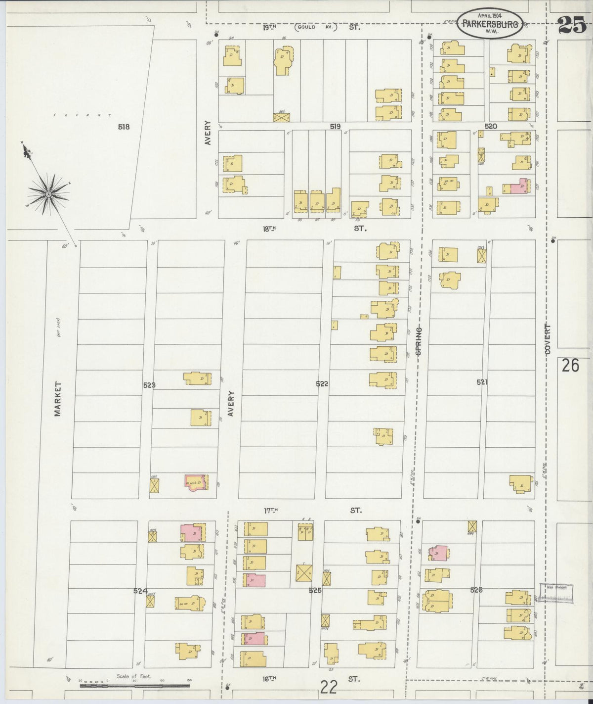 Sanborn Fire Insurance Map from Parkersburg, Wood County, West Virginia (1904), Sheet #0025 - Historic Sanborn Fire Insurance Map Print, vintage old map wall art, antique decor, genealogy gift, West Virginia West Virginia map