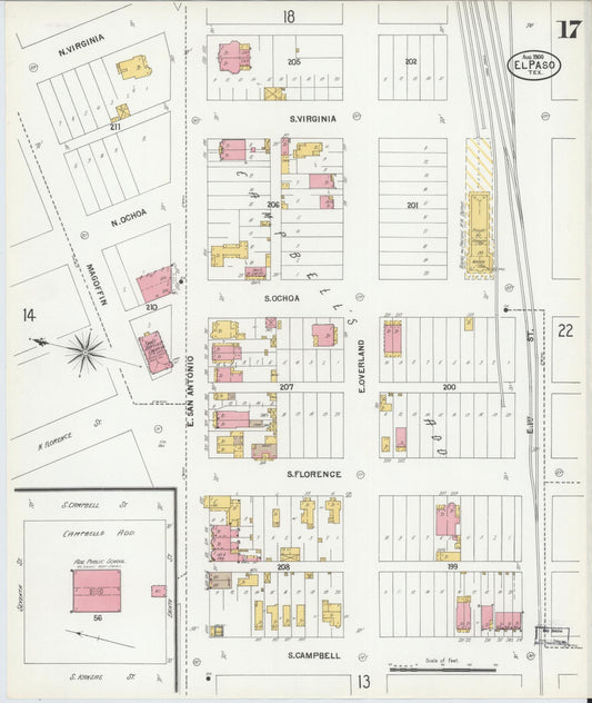 Sanborn Fire Insurance Map from El Paso, El Paso County, Texas (1900), Sheet #0017 - Historic Sanborn Fire Insurance Map Print, vintage old map wall art, antique decor, genealogy gift, Texas Texas map