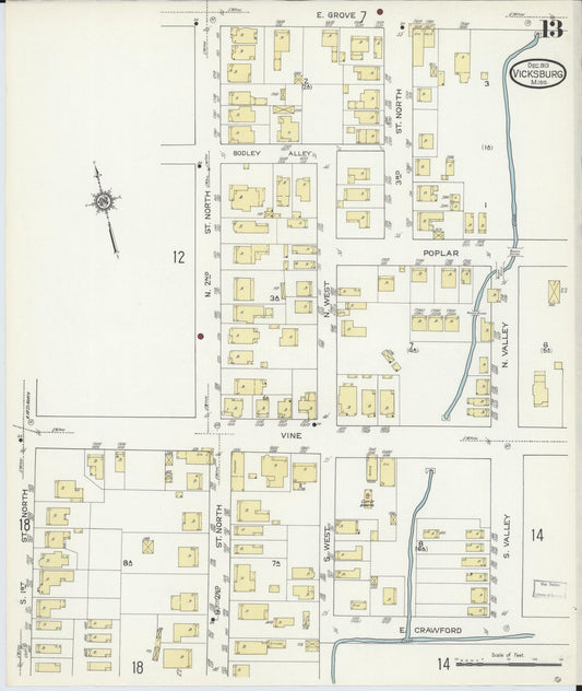 Sanborn Fire Insurance Map from Vicksburg, Warren County, Mississippi (1913), Sheet #0013 - Historic Sanborn Fire Insurance Map Print, vintage old map wall art, antique decor, genealogy gift, Mississippi Mississippi map