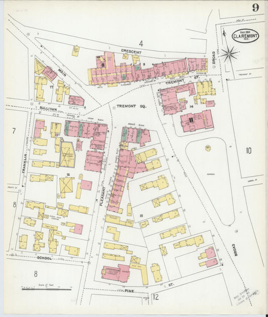 Sanborn Fire Insurance Map from Claremont, Sullivan County, New Hampshire (1904), Sheet #0009 - Historic Sanborn Fire Insurance Map Print, vintage old map wall art, antique decor, genealogy gift, New Hampshire New Hampshire map