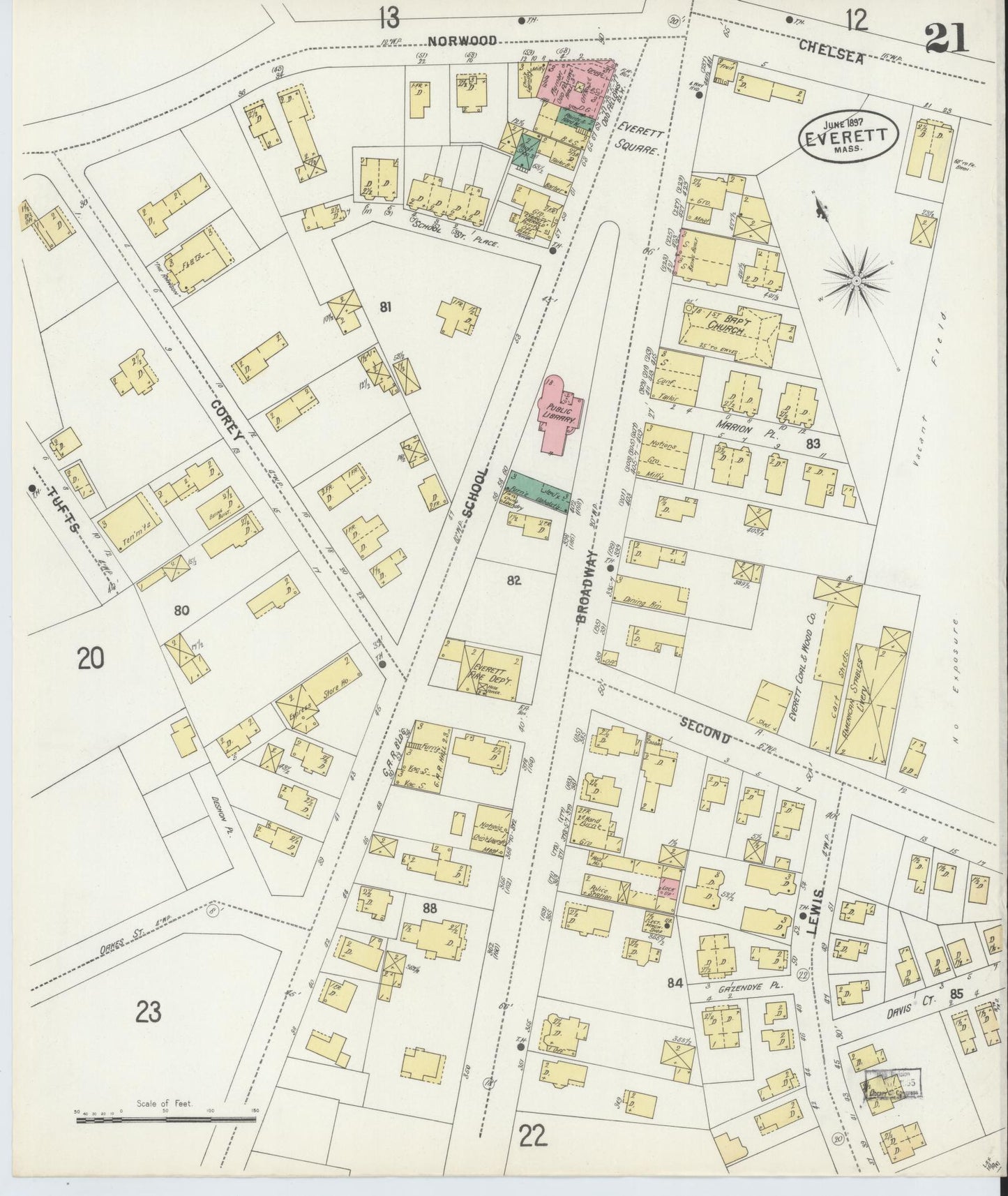 Sanborn Fire Insurance Map from Everett, Middlesex County, Massachusetts (1897), Sheet #0021 - Complete Map Set gallery image, historic Sanborn map, vintage wall art, Massachusetts Massachusetts