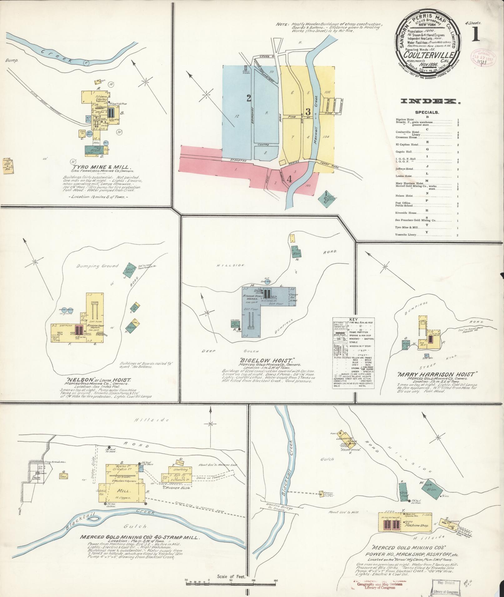 Sanborn Fire Insurance Map from Coulterville, Mariposa County, California (1896), Sheet #0001 - Historic Sanborn Fire Insurance Map Print, vintage old map wall art, antique decor, genealogy gift, California California map