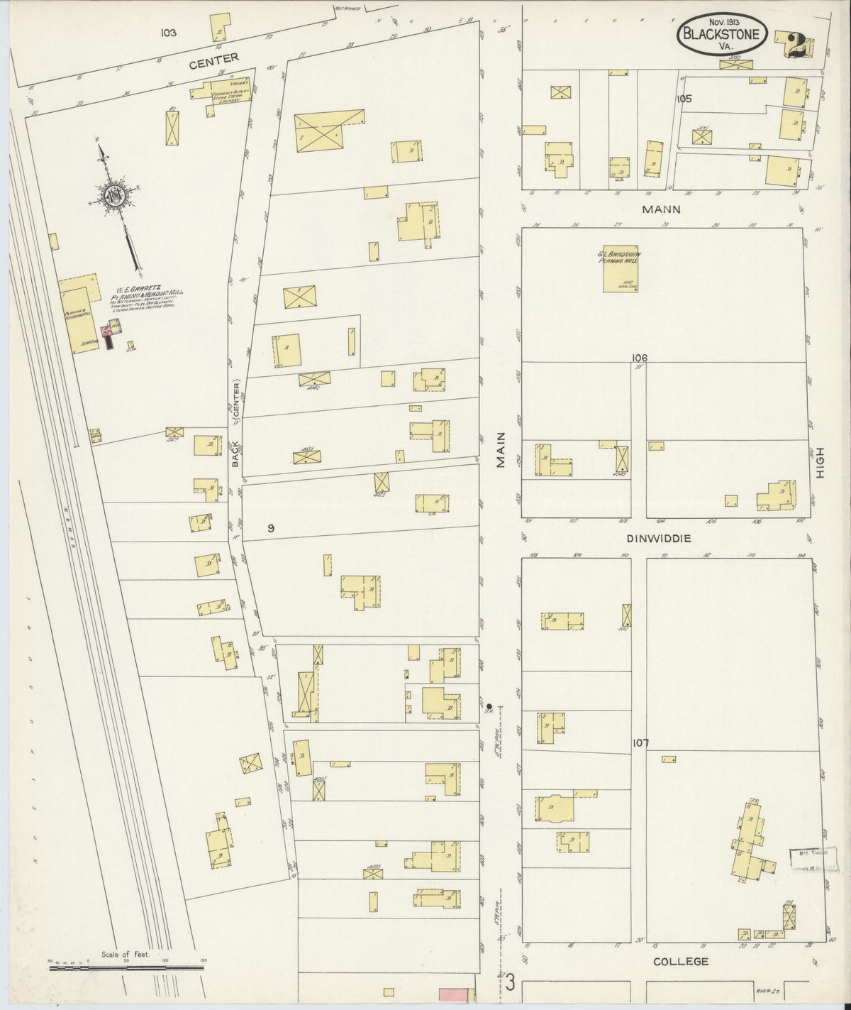 Sanborn Fire Insurance Map from Blackstone, Nottoway County, Virginia (1913), Sheet #0002 - Complete Map Set gallery image, historic Sanborn map, vintage wall art, Virginia Virginia