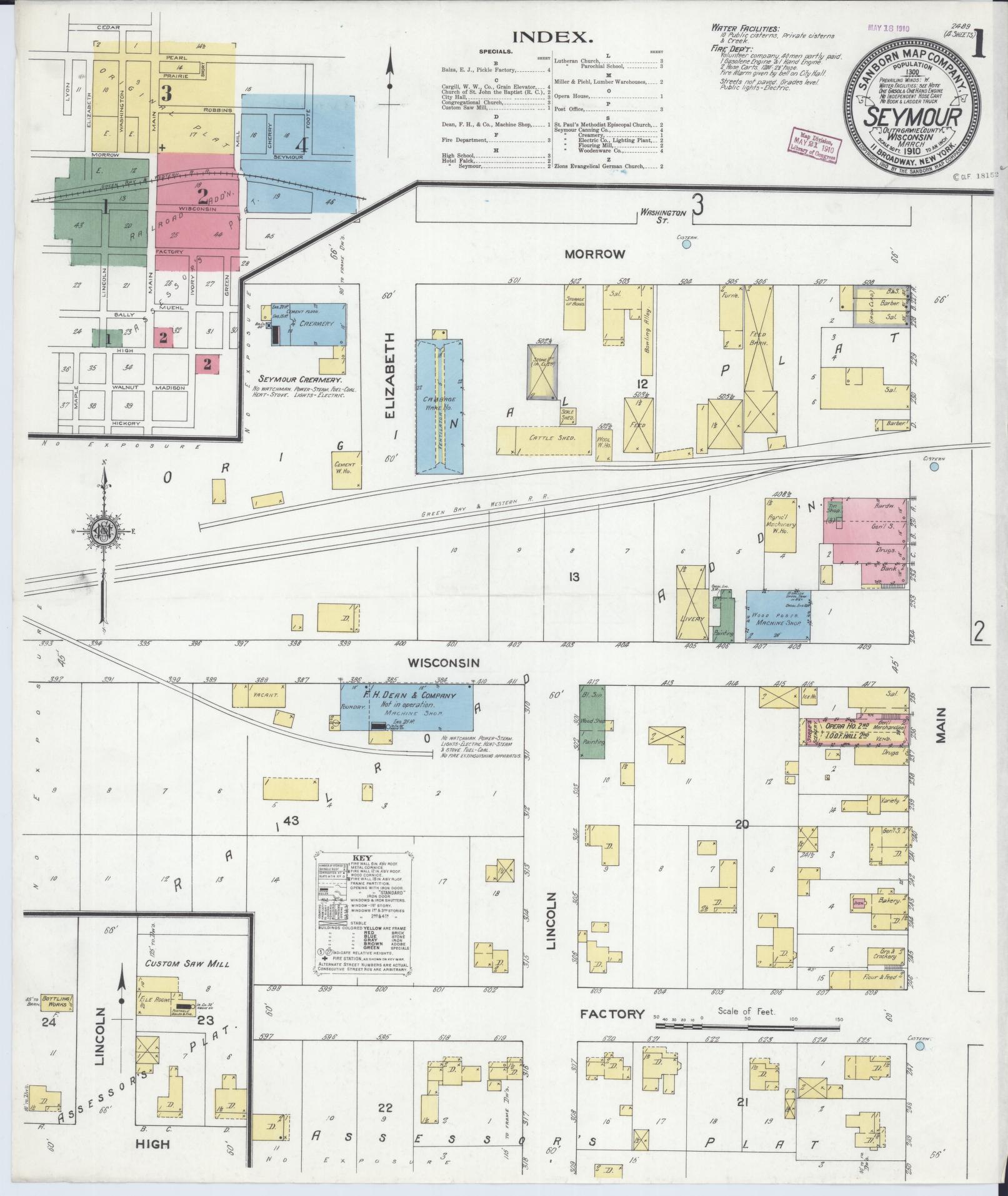 Sanborn Fire Insurance Map from Seymour, Outagamie County, Wisconsin (1910), Sheet #0001 - Historic Sanborn Fire Insurance Map Print, vintage old map wall art, antique decor, genealogy gift, Wisconsin Wisconsin map