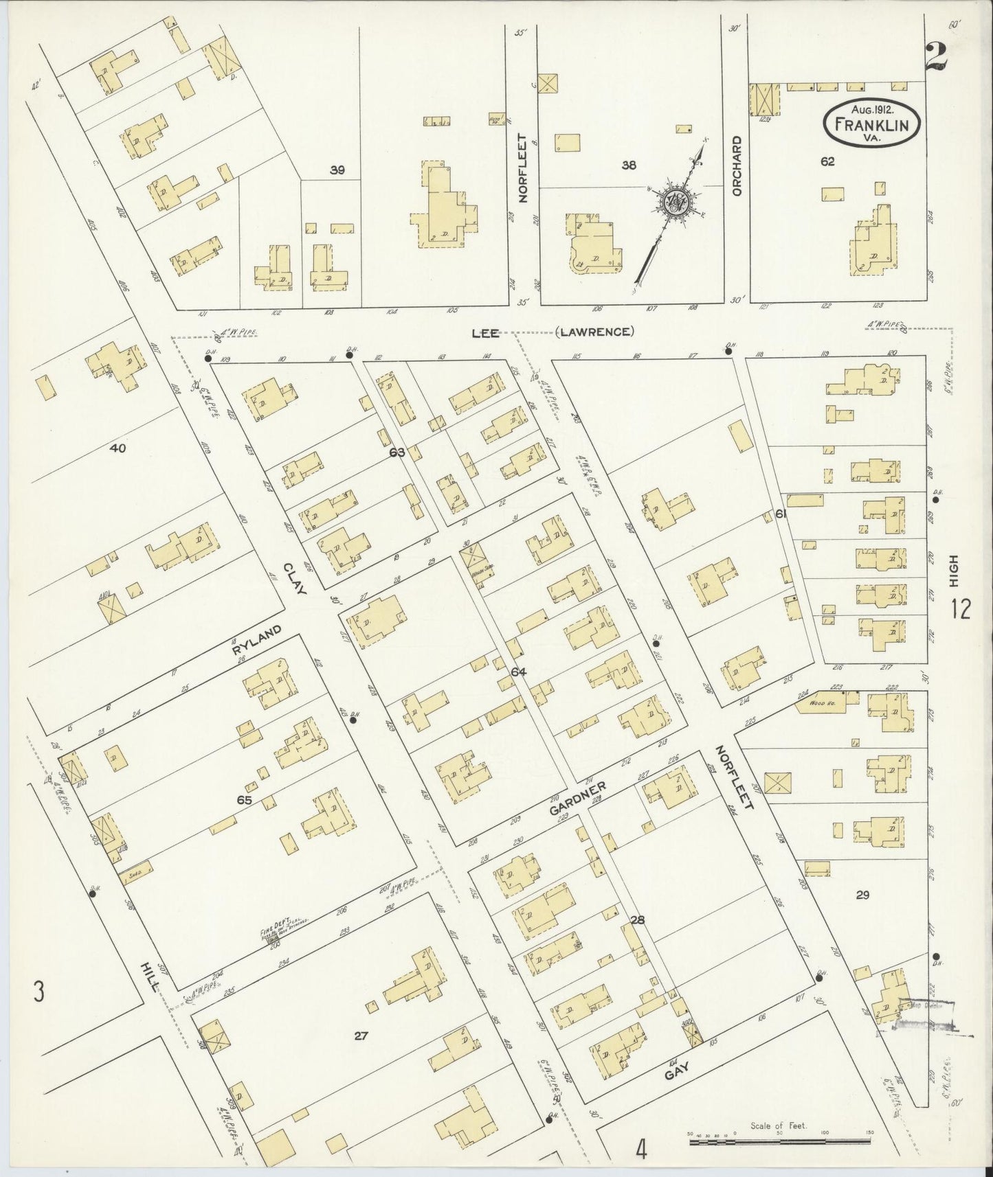 Sanborn Fire Insurance Map from Franklin, Independent Cities, Virginia (1912), Sheet #0002 - Historic Sanborn Fire Insurance Map Print, vintage old map wall art, antique decor, genealogy gift, Virginia Virginia map