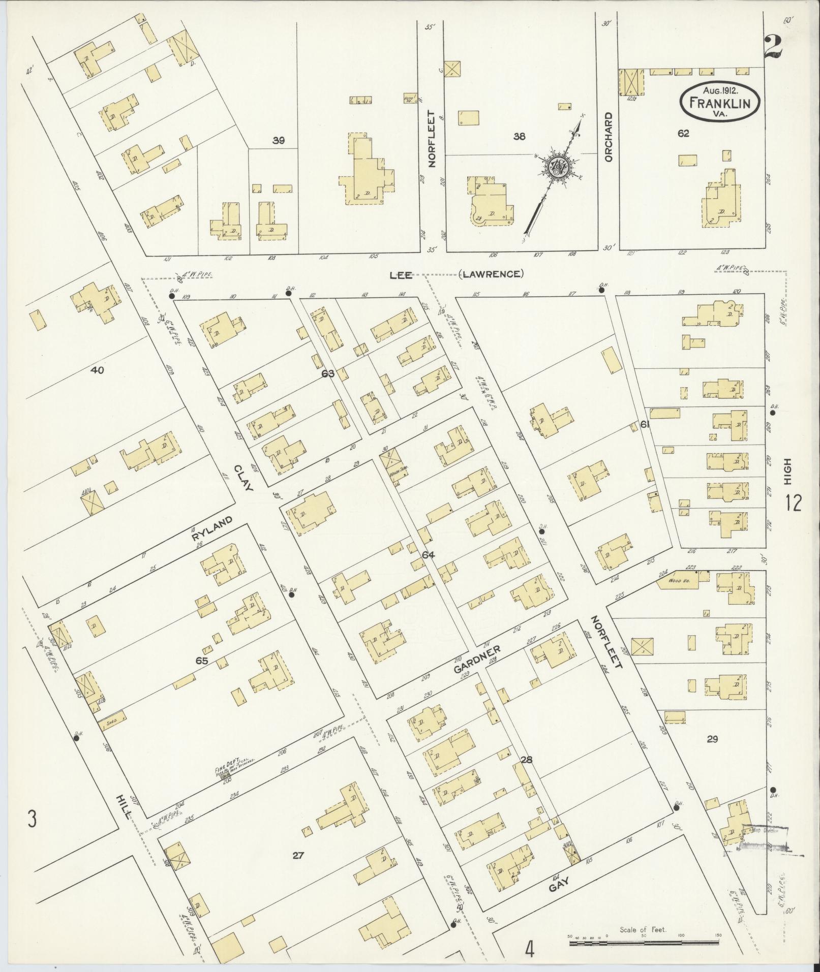 Sanborn Fire Insurance Map from Franklin, Independent Cities, Virginia (1912), Sheet #0002 - Historic Sanborn Fire Insurance Map Print, vintage old map wall art, antique decor, genealogy gift, Virginia Virginia map