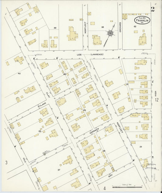Sanborn Fire Insurance Map from Franklin, Independent Cities, Virginia (1912), Sheet #0002 - Historic Sanborn Fire Insurance Map Print, vintage old map wall art, antique decor, genealogy gift, Virginia Virginia map