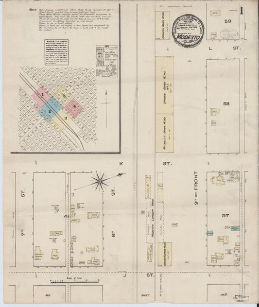 Sanborn Fire Insurance Map from Modesto, Stanislaus County, California (1885), Sheet #0001 - Historic Sanborn Fire Insurance Map Print, vintage old map wall art, antique decor, genealogy gift, California California map