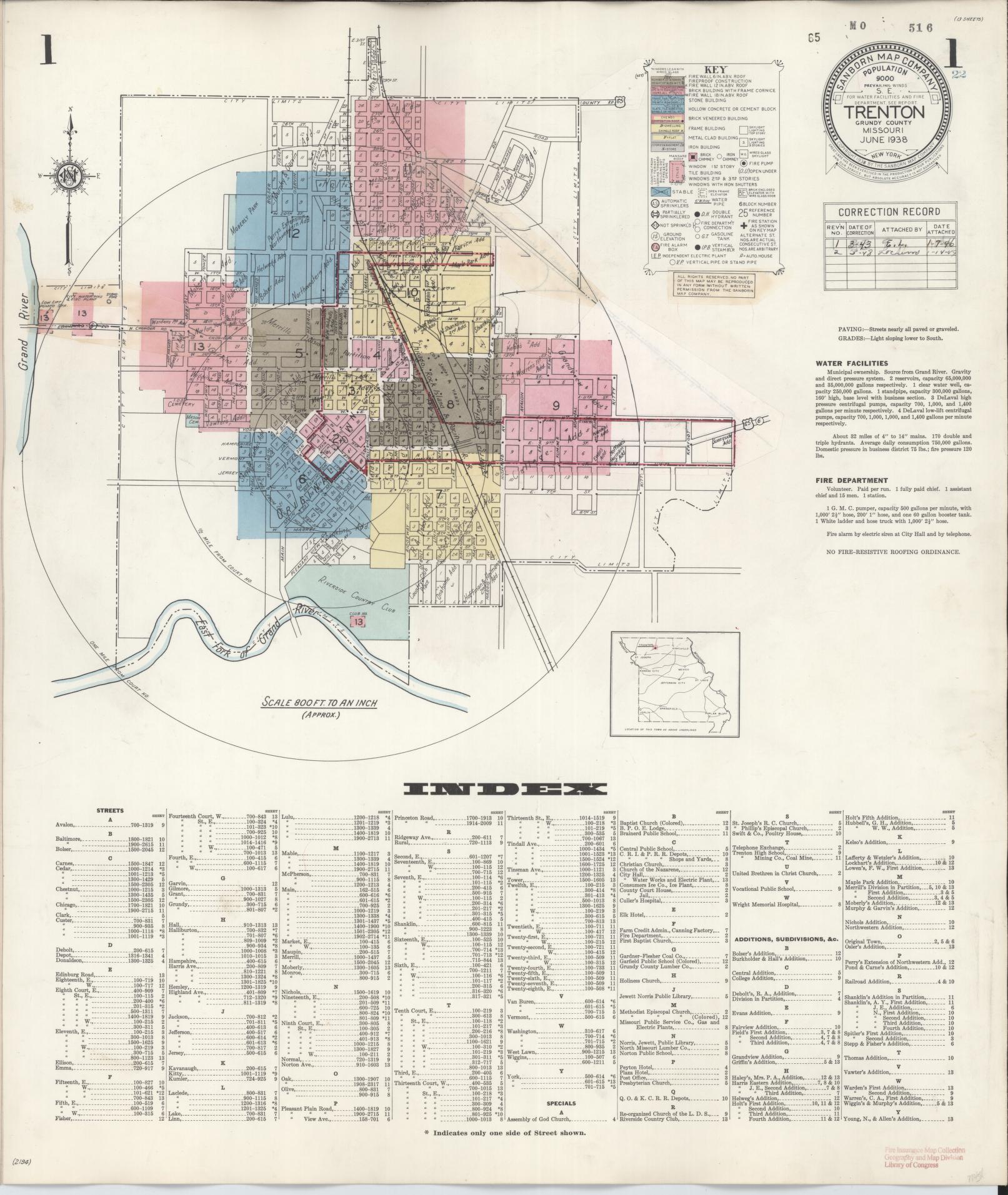 Sanborn Fire Insurance Map from Trenton, Grundy County, Missouri (1948), Sheet #0001 - Historic Sanborn Fire Insurance Map Print, vintage old map wall art, antique decor, genealogy gift, Missouri Missouri map