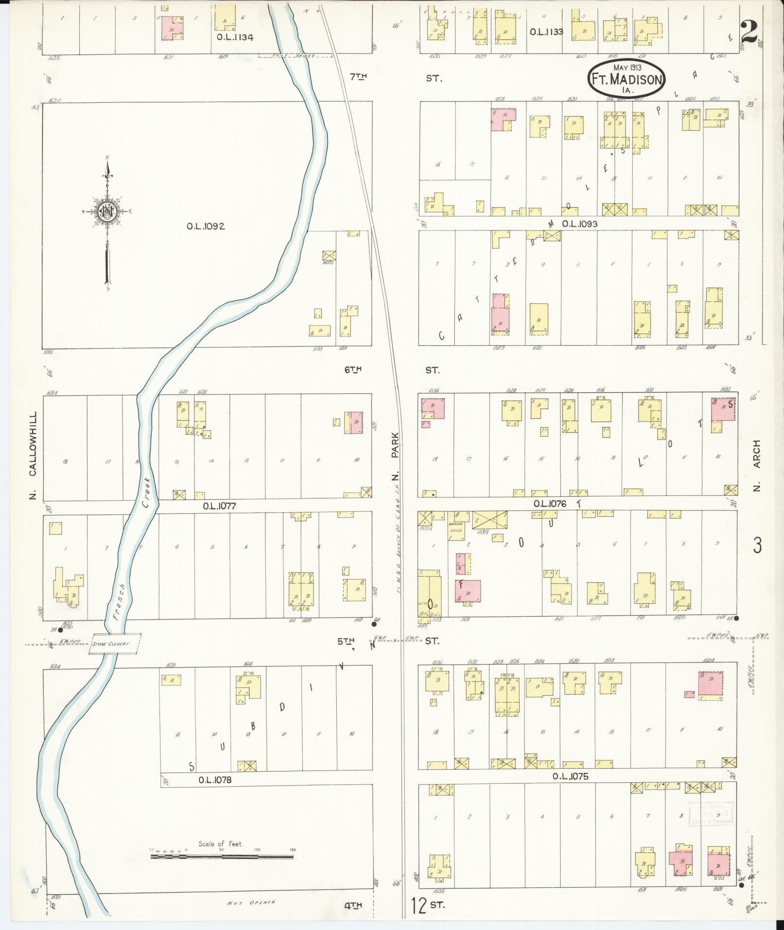Sanborn Fire Insurance Map from Fort Madison, Lee County, Iowa (1913), Sheet #0002 - Historic Sanborn Fire Insurance Map Print, vintage old map wall art