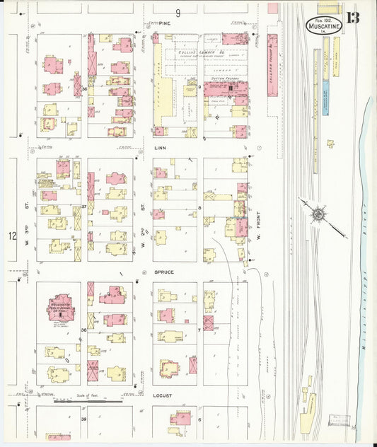 Sanborn Fire Insurance Map from Muscatine, Muscatine County, Iowa (1912), Sheet #0013 - Historic Sanborn Fire Insurance Map Print, vintage old map wall art