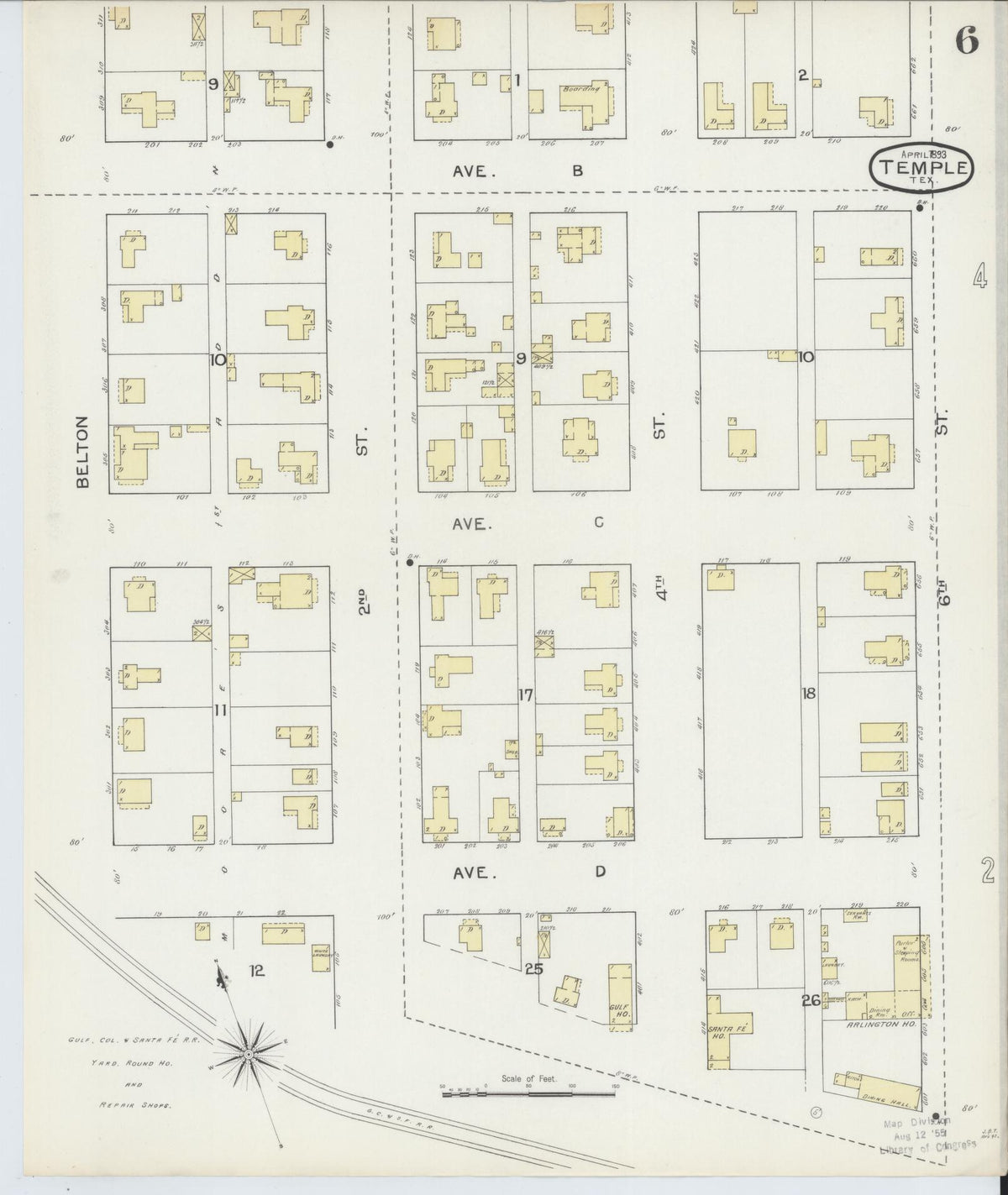Sanborn Fire Insurance Map from Temple, Bell County, Texas (1893), Sheet #0006 - Complete Map Set gallery image, historic Sanborn map, vintage wall art, Texas Texas