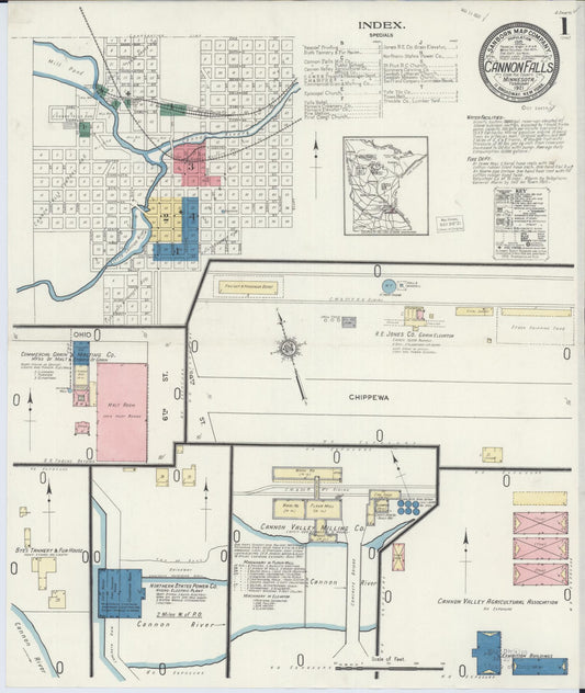 Sanborn Fire Insurance Map from Cannon Falls, Goodhue County, Minnesota (1921), Sheet #0001 - Historic Sanborn Fire Insurance Map Print, vintage old map wall art, antique decor, genealogy gift, Minnesota Minnesota map